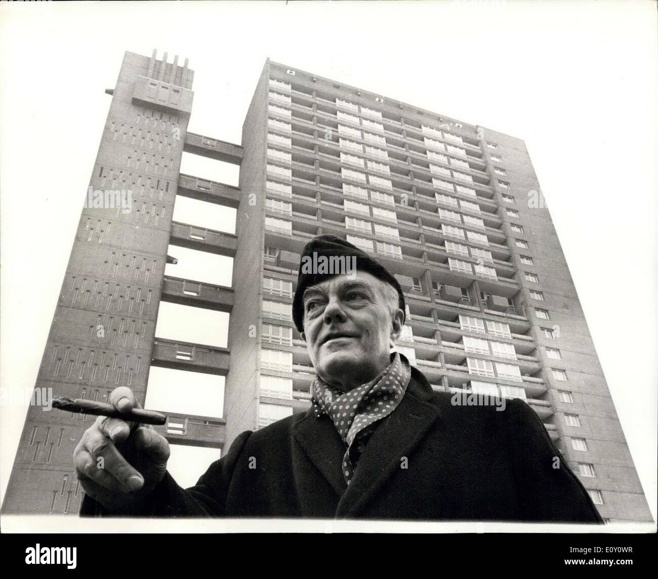 Feb. 23, 1968 - Architect Who Designed Block Of Flats Moves In As A Sociological Experiment: Architect Mr. Reno Goldfinger designed the East End's tallest block of flats for the Greater London Council, and then moved into one of them. He has taken the flat for a month, at the full rent of ?11 10s plus rates as a ''sociological'' experiment'', to discover the advantages and drawbacks of life in high-rise dwellings. Tenants of the other 145 flats pay subsidised rents of ?4 15d 6d. Mr. Goldfinger and his wife, Ursula have taken a flat on the 24th. floor of Balfrom Tower, Poplar Stock Photo