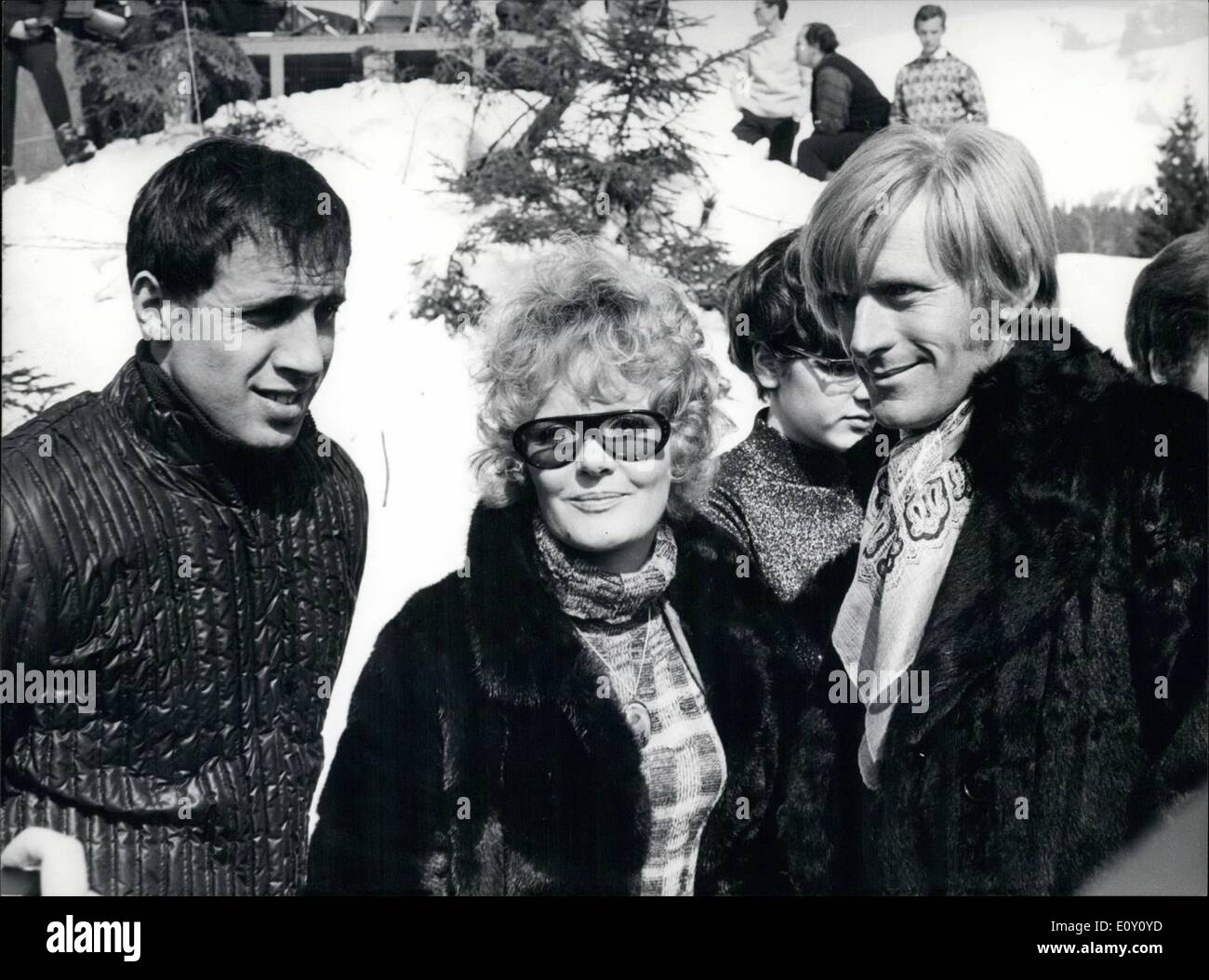 Mar. 03, 1968 - Winterly show in Laax, Switzerland - for Eurovision The first program of the Eurovision TV show ''Europeparty '' is being shot at the new Swiss Winter resort, Laax in Graubunden canton. Photo shows Adriano Celentano, Italian Can zone-Singer, Petula Clark, and french chansonnier ,Nino Ferrer. Stock Photo