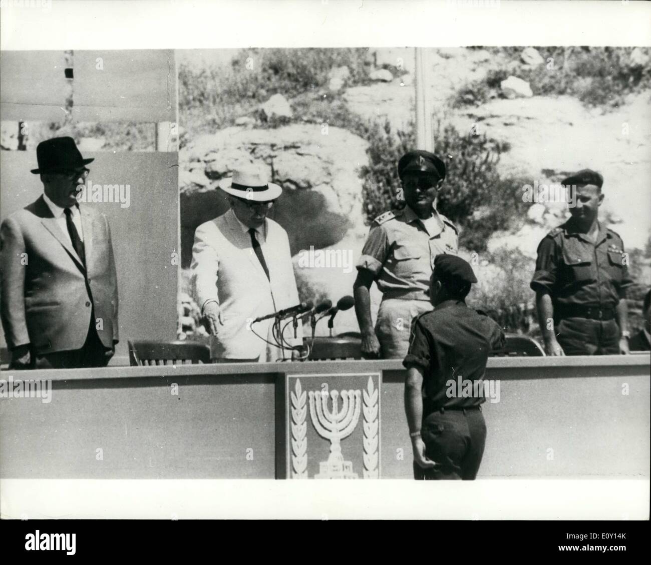 May 05, 1968 - Israel Celebrates 20th Anniversary of its Independence with Military Parade: Israel Celebrates 20th, years of Independence with a big Military parade through the a street of Jerusalem on Thursday (May 22nd). Picture Shows: On the saluting base from left are, The Prime Minister, Mr. Eshkol, the President of Iasrael Zalman Shazar, General Moshe Dayan and G.O.C. General Command UZI Narkis. Stock Photo