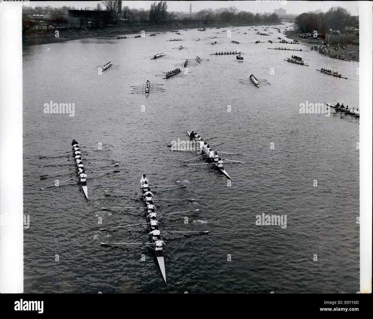 Mar. 03, 1968 - 373 Crews take part in the head of the river race: The phenomenal number of 373 crews took part in the annual Head of the river race which was rowed over the boat race course in reverse - from Mortlake to Putney today. Photo shows: A view from Chiewick Bridge showing the crews moving off from Mortlake soon after the start of the race today. Stock Photo