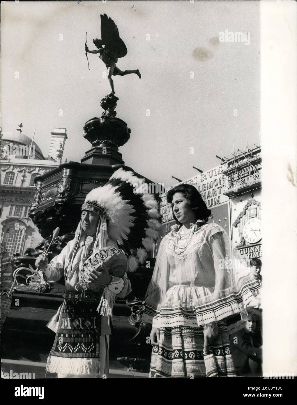 Mar. 03, 1968 - Party of Indians in London on Goodwill visit: Three members of the party of six Indians who are here for three weeks on a goodwill visit sponsored by the U.S.Department of Commerce, were out in London today - in their national costume. The three are Chief Wolf Robe Hunt, full chief of the Acoma Pueblo Indian Tribe. (From Tulsa, Oklahoma); Chief Joe Dan Osceola, leader of the Seminoles. Great-great grandson of Chief Osceola, famous war chief of the Seminoles when they fought the United States Stock Photo