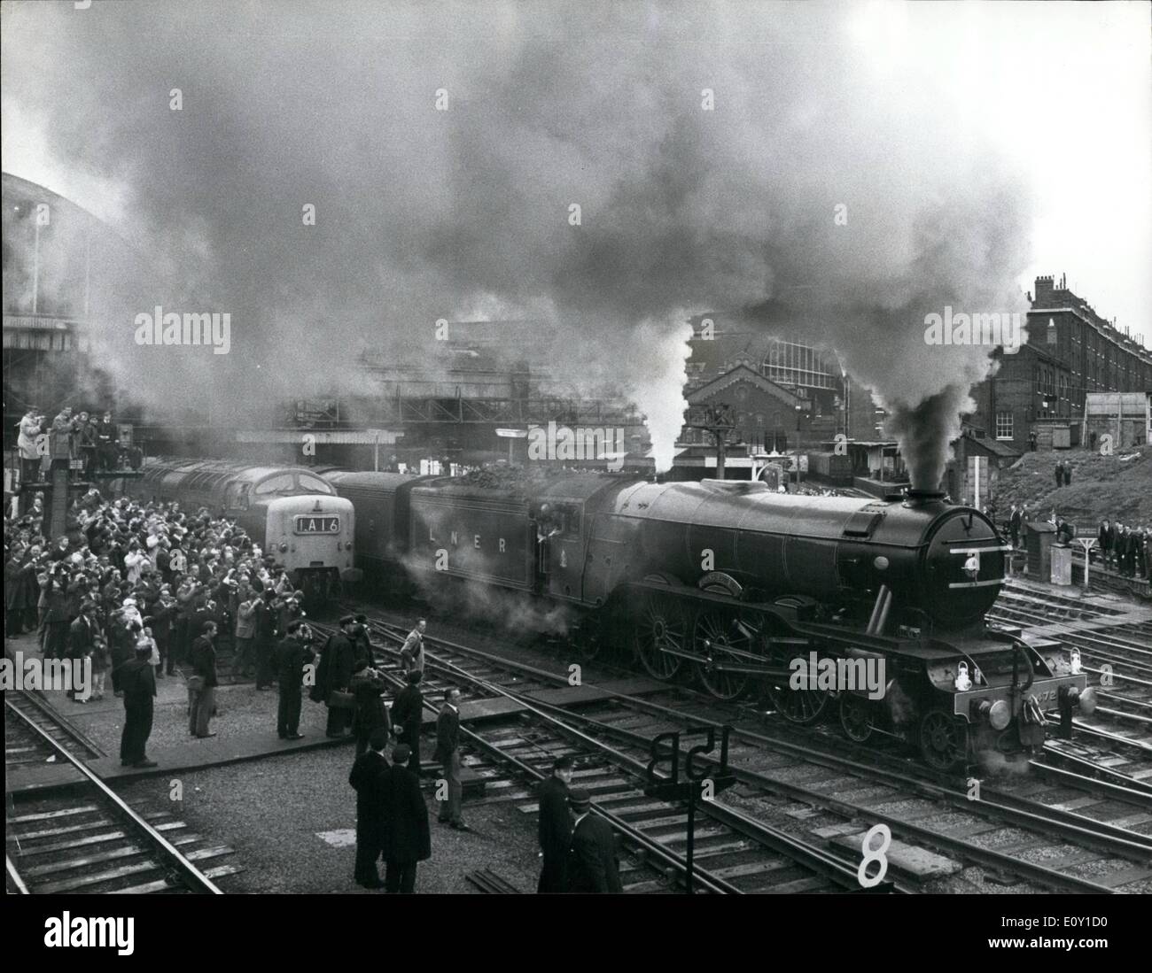 May 05, 1968 - The Flying Scotsman On Run To Edinburgh On Anniversary Of First Run: The Flying Scotsman steam Locomotive, left King's Cross Station this morning on a non-stop run to Edinburgh - on the 40th. anniversary of its first trip. The famous stem locomotive was bought by Mr. Alan Pegler, a Lloyds underwriter, for ,000 in 1963 when it was retired by British Rail after 2,076,000 miles of service. Since then Mr Stock Photo