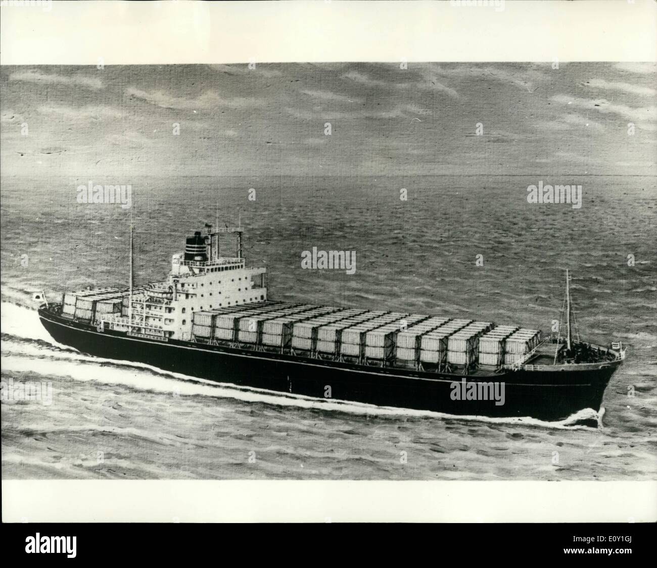 Mar. 03, 1968 - FIRST CONTAINER SHIP IN JAPAN: The keel of Japan's first lift-on, lift-off container ship was laid down in the Kobe shipyard of Mitsubishi Heavy Industries, recently. 175 metres long, and 26 meters wide, the ship will have a gross tonnage of about 16,900 tons and cargo capacity of about 15,800 tons, and will be completed by the end of August this year. Photo Shows:- An artist's concept of Japan's first lift-on, lift-off container ship, which will be completed by the end of August. Stock Photo