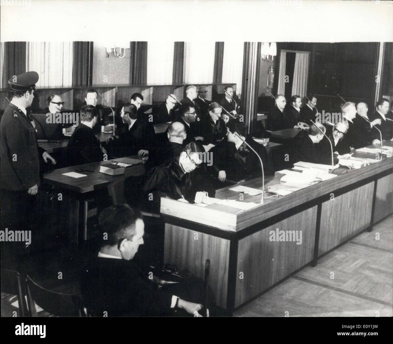 May 28, 1968 - GERMANY'S ''THALIDOMIDE TRIAL'' OPENS. The Germany's ''thalidomide trial'' began yesterday at Aledorf, near Aschen, and is expected to last two years. Seven senior executives of the Gruenenthal pharmaceutical firm, where the drug thalidomide was discovered and manufactured, face charges alleging that they caused bodily harm by means of the drug, brought about death by negligence and contravened the drug regulations. Nine men were to have been in the dock, but two were too ill to attend Stock Photo