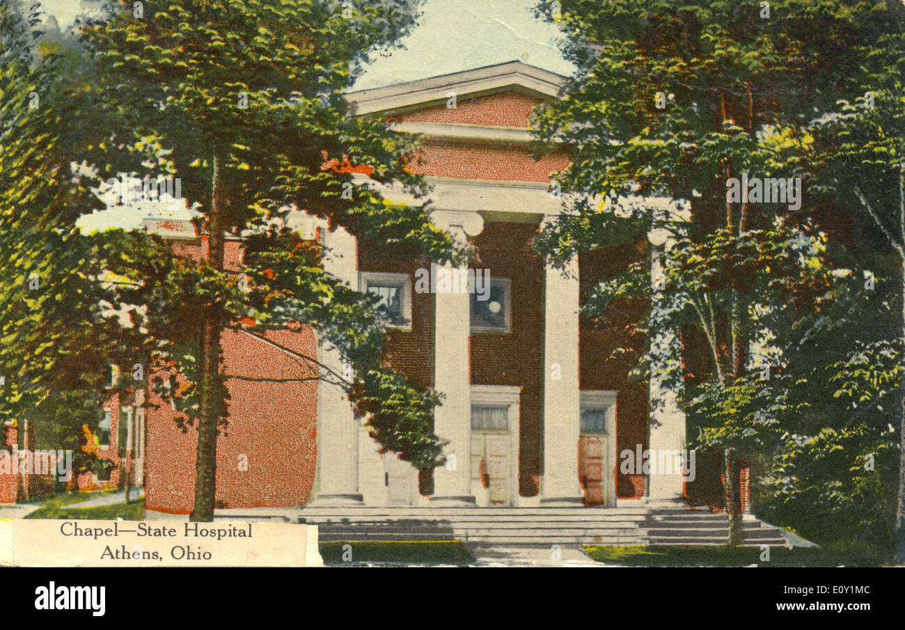 This image is of the chapel located at the State Hospital in Athens, Ohio. The postcard captures a historical view of the hospital's chapel, a place of solace and reflection for patients and staff, dating back to the mid-20th century. Stock Photo
