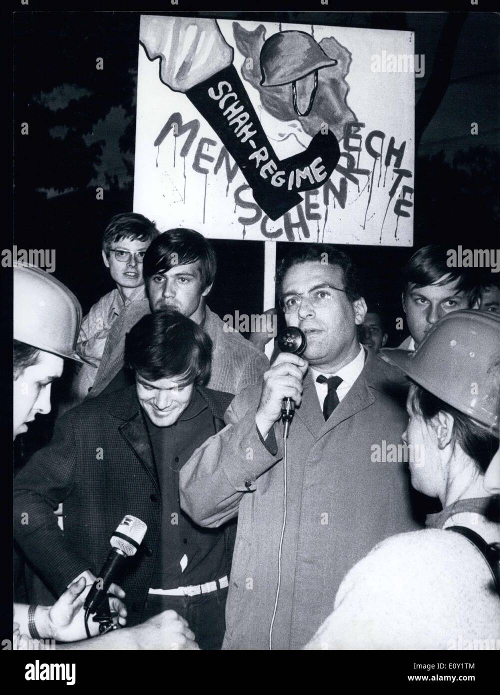 May 09, 1968 - A protest march from US barracks in Munich to the university itself took place in the city. The demonstrators, from the non-parliamentary opposition, were protesting against the Vietnam war, but also against dictatorships in general. Despite a growing mass of demonstrators, there were no incidents. Pictured at the microphone is Ernest Mandel from Brussels, Belgium. Stock Photo