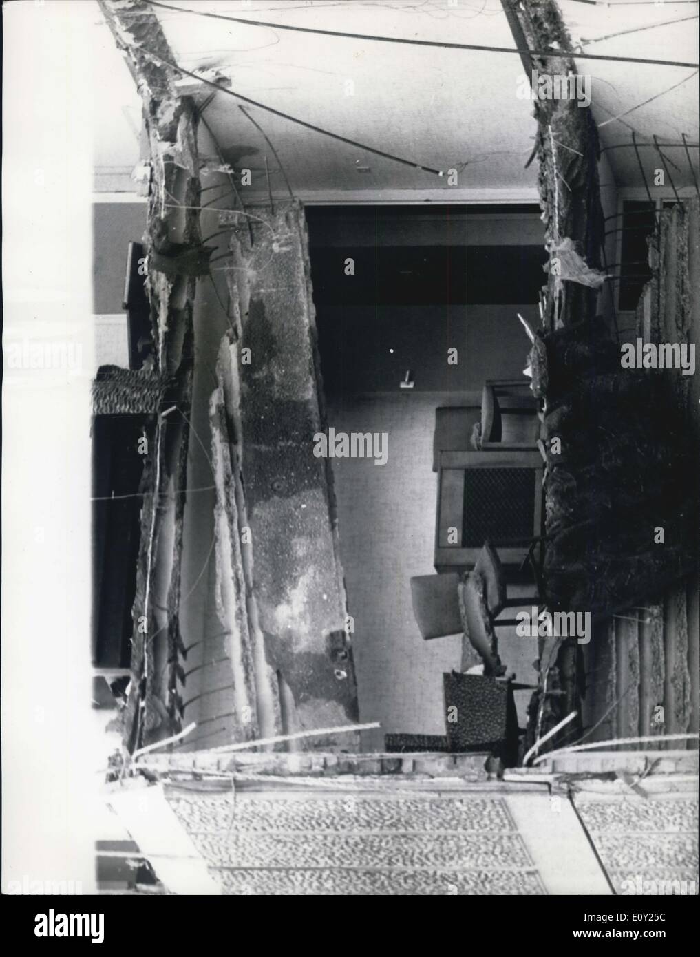 May 17, 1968 - Partial collapse of block of flats: There is to be an immediate inquiry into the collapse of a wing of a new 22 storey block of flats in Canning Town, East London, in which three people lost their lives and 80 families made temporarily homeless. Photo shows furniture still standing in one of the wrecked flats after yesterday's collapse. Stock Photo