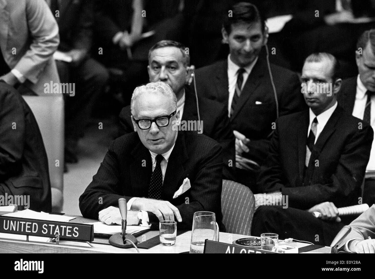 Aug 21, 1968; New York, NY, USA; The Security Council tonight began debate, at the request of six Council members, concerning 'the present erious situation in the Czechoslovakia Socalist Republic'. The decision to take up this item was taken by a vote of 13 in favour to 2 against. In the debate statements were made by the representatives of Czechoslovakia, U.S., Canada, France, Denmark, Hungary, Brazil, Soviet Union and the United Kingdom. The picture shows Mr. GEORGE BALL from the United States addressing the Council. Stock Photo
