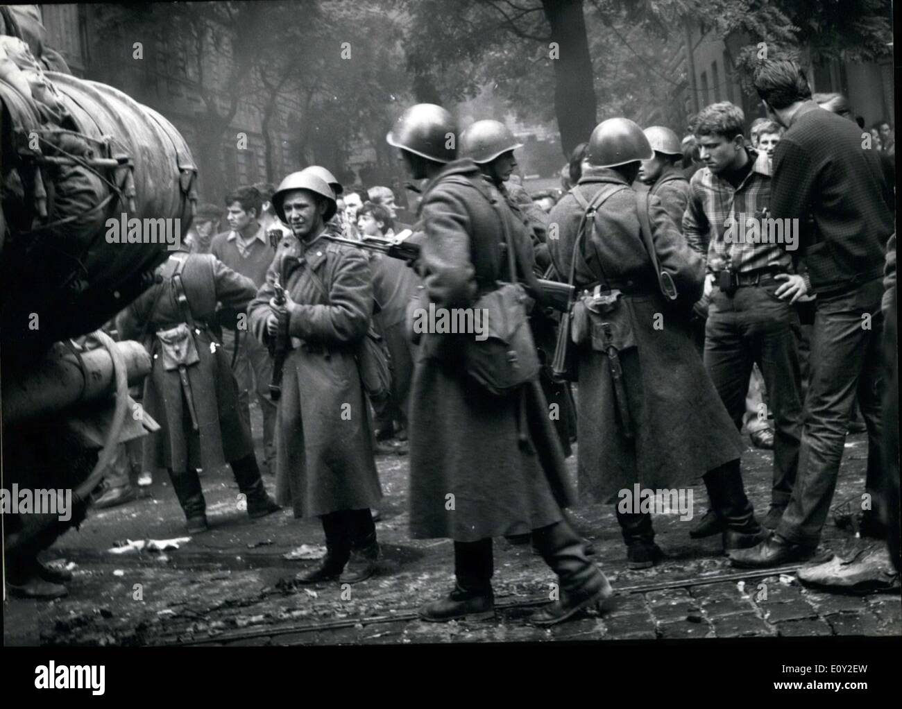 Aug. 24, 1968 - These Soviet occupation troops are in Prague. A passive resistance had developed. Since no one was rioting, these troops had no choice but to stand around their tanks and just look at the people. Stock Photo