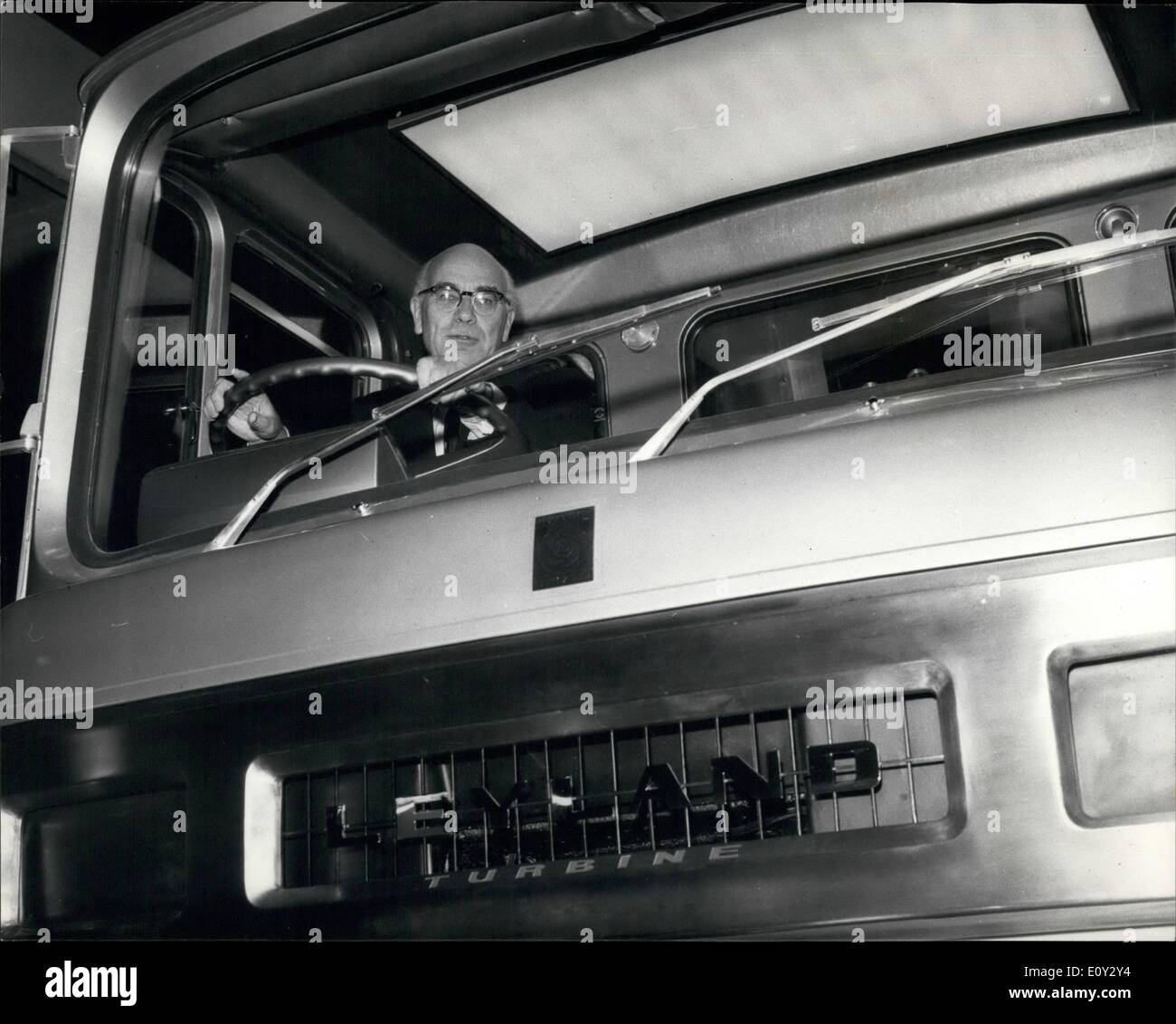 Sep. 09, 1968 - Commercial Motor Show - Press Day. New Gas Turbine Truck: Today was Press Day of the Commercial Motor Show, which opens at Earls Court, London, tomorrow. (Sept. 20th.). On show is British Leyland's 350/400 hp gas turbine truck - This Leyland development will make gas turbine truck. This Leyland development will make gas turbine trucking a practical and economic proposition for the 1970's. Photo shows Sir Donald Stokes , Leyland's chairman -- seen at the wheel of the new gas turbine truck, at Earls Court today. Stock Photo