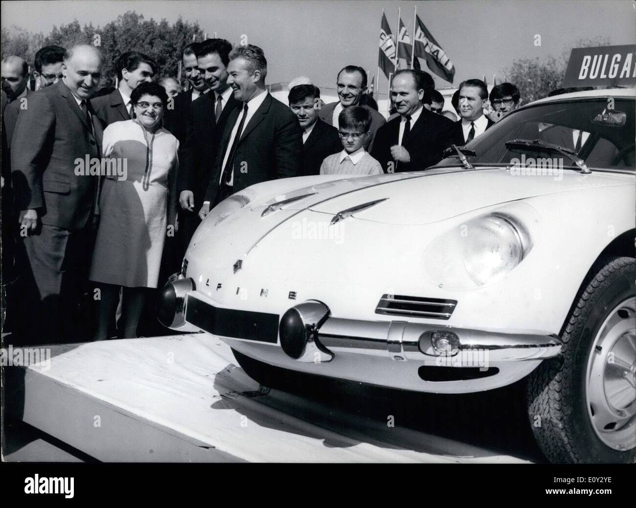Sep. 09, 1968 - XXIV International Fair In Plovdiv: The official personalities looking at the new car ''lg-renault- Alpine'', made in the Motor Works in the town of Plovdiv. First from 1-r: Todor Zhivkov, Bulgarian Prime Minister and First Secretary of the CC of the BCP. Stock Photo