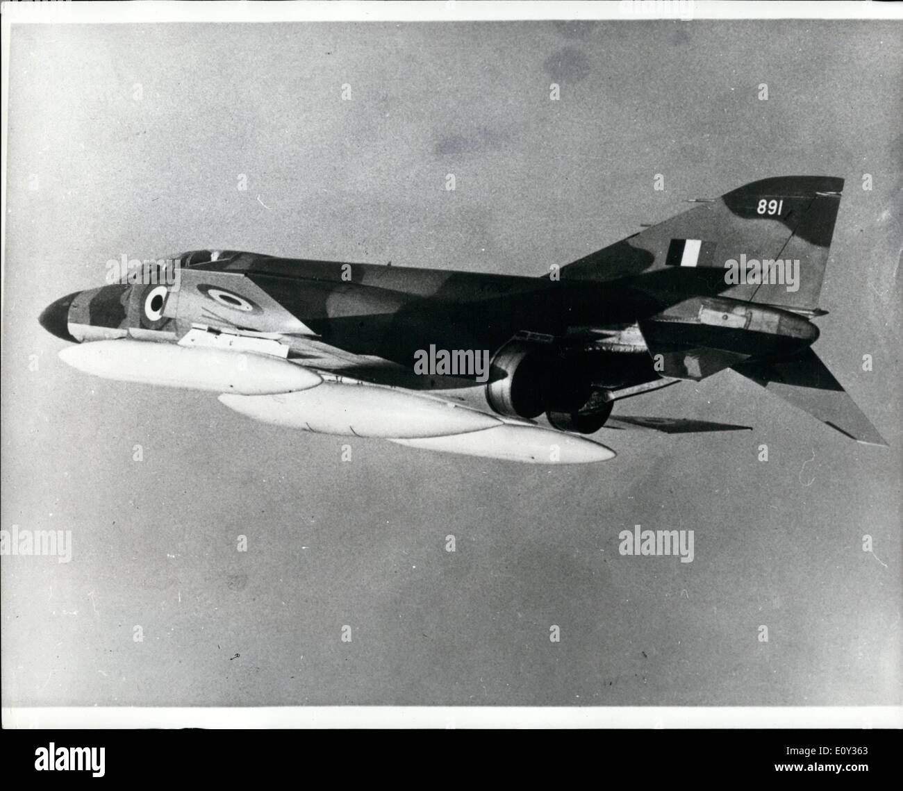 Sep. 09, 1968 - September 5th 1968 Phantom joins the Royal Air Force. The first Royal Air Force Spy-engined Phantom FGR2, is seen on arrival at No. 228 Operational Conversion Unit at RAP Coningsby, Lincs, where aircrew will be taught to fly the aircraft in the ground attack, reconnaissance and interceptor roles. Stock Photo