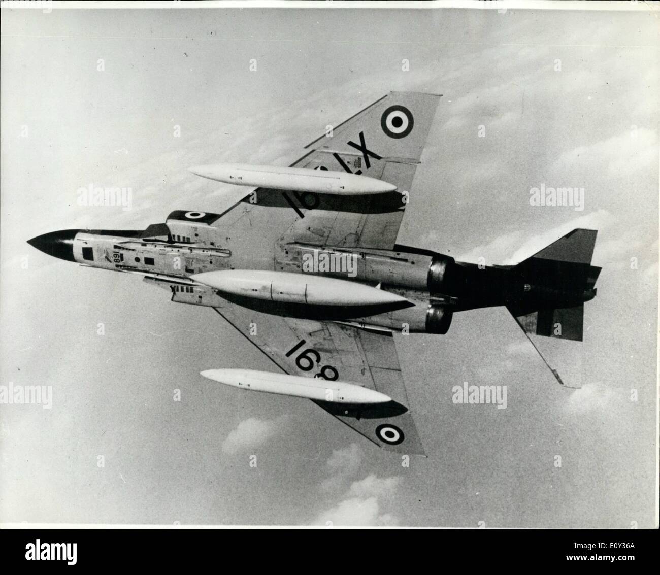 Sep. 09, 1968 - Phantom joins the royal air force; The first Royal Air Force Spey engined Phantom FGR2, is seen on arrival at No. 228 Operational Conversion Unit at RAF Coningsby, Lincs, where aircrew will be taught to fly the aircraft in the ground attack, reconnaissance and interceptor roles. Stock Photo