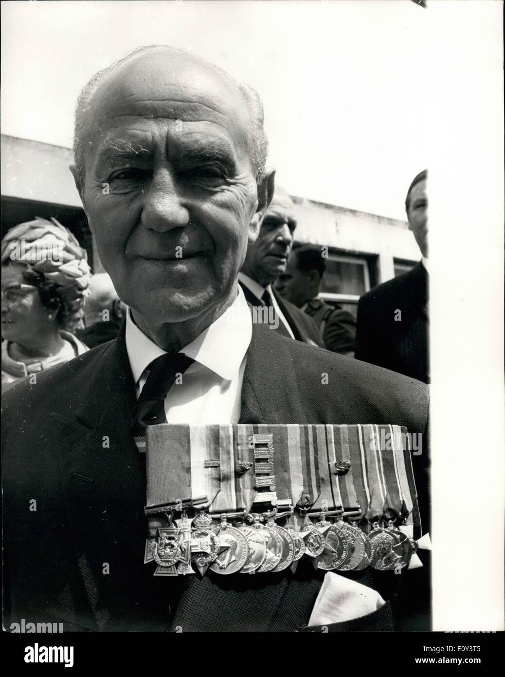 Jul. 07, 1968 - The Victoria Cross and George Cross association's reunion in London - today's luncheon at Chelsea Barracks.: Holders of the Victoria Cross and the George Cross are in London for their reunion organised by the Victoria Cross and George Cross Association. Before going to Buckingham Palace for a reception given by the Queen and the Duke of Edinburgh, the members were entertained at luncheon at Chelsea Barracks today. Photo shows Bemadelled Brigadier Sir John Smyth, of London, makes an impressive picture with his array of medals, which include the V.C. and M.C Stock Photo