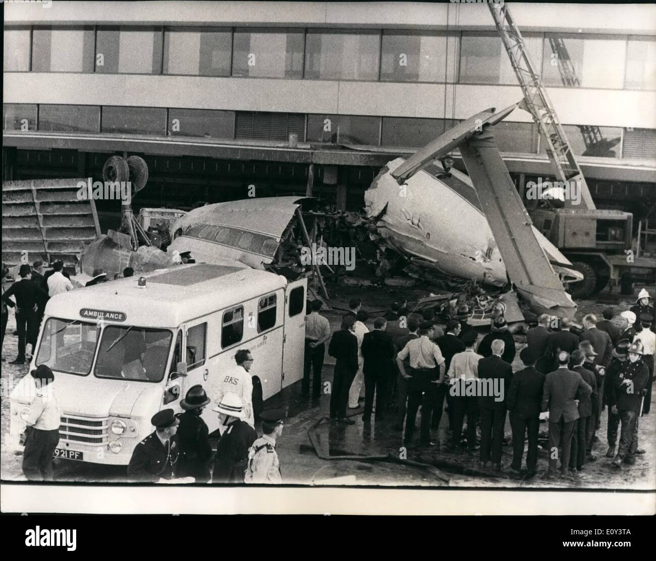Jul. 07, 1968 - Six people die in air crash. Six people were killed and six injured as an Elizabeth freighter of B k s, the independent airline, crashed on landing at Heathrow Airport yesterday , struck three parked Bea airliners and damasked into the wall of a passenger building under construction. the crash plane was returning eight brood mares and foals from Dauville, France, to stud farms in the south of England, the plane's crew of three and three grooms on board died. All the horse were killed or had to be destroyed Stock Photo