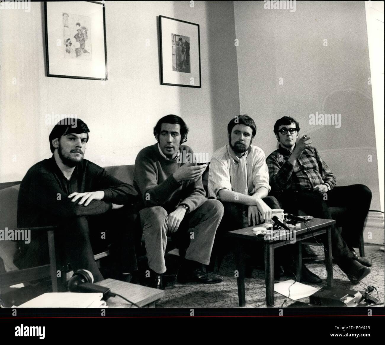Oct. 10, 1968 - LSE taken over by the students: The London school of Economics which was closed today for an indefinite period by ts director Dr. Walter Adams-was taken over this afternoon by the students. Photo shows the Ad Hoe Occupation Committee L-R Martin Thomkinson, Tommy Bower, Tony Harrison and Gino Franco seen during the press conference at the London School of Economics this evening. Stock Photo