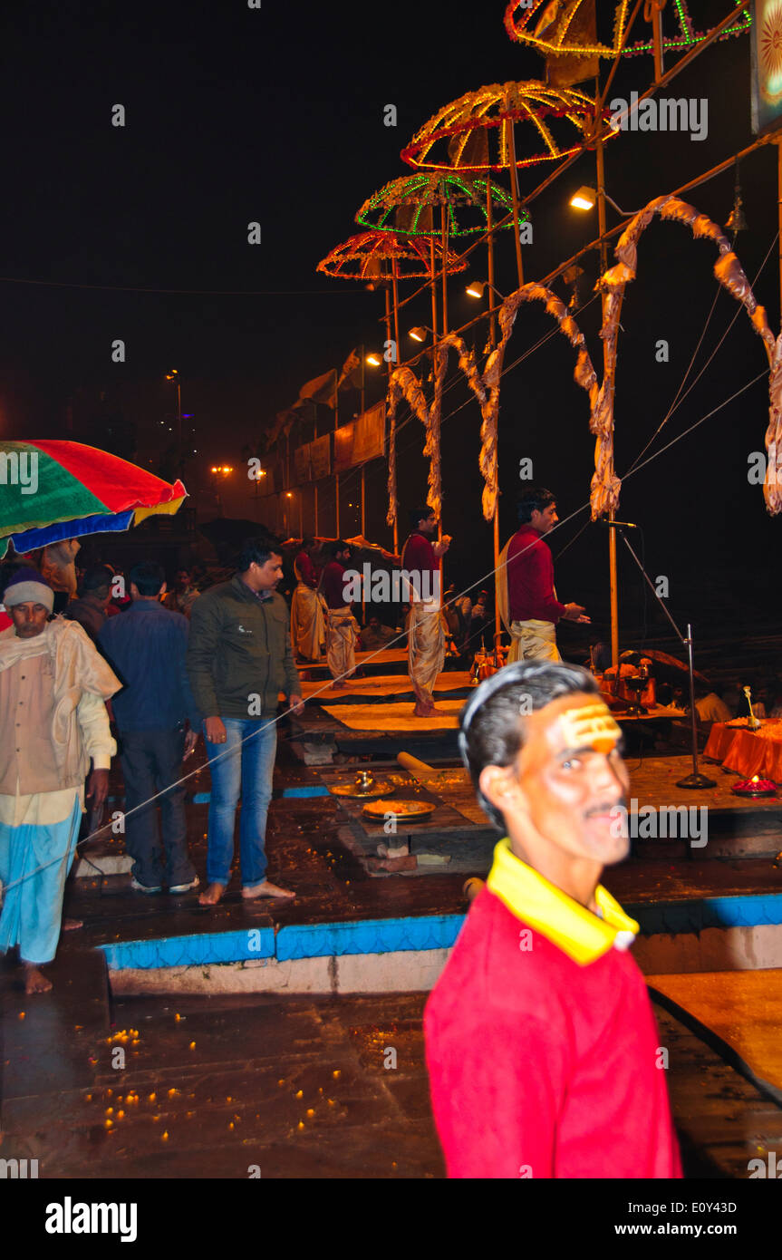 Ganga River,The Ganges,Ghats,Evening Aarti Salutations to the river,oil lamps, bells,chants,Varanasi,Benares,Uttar Pradesh,India Stock Photo