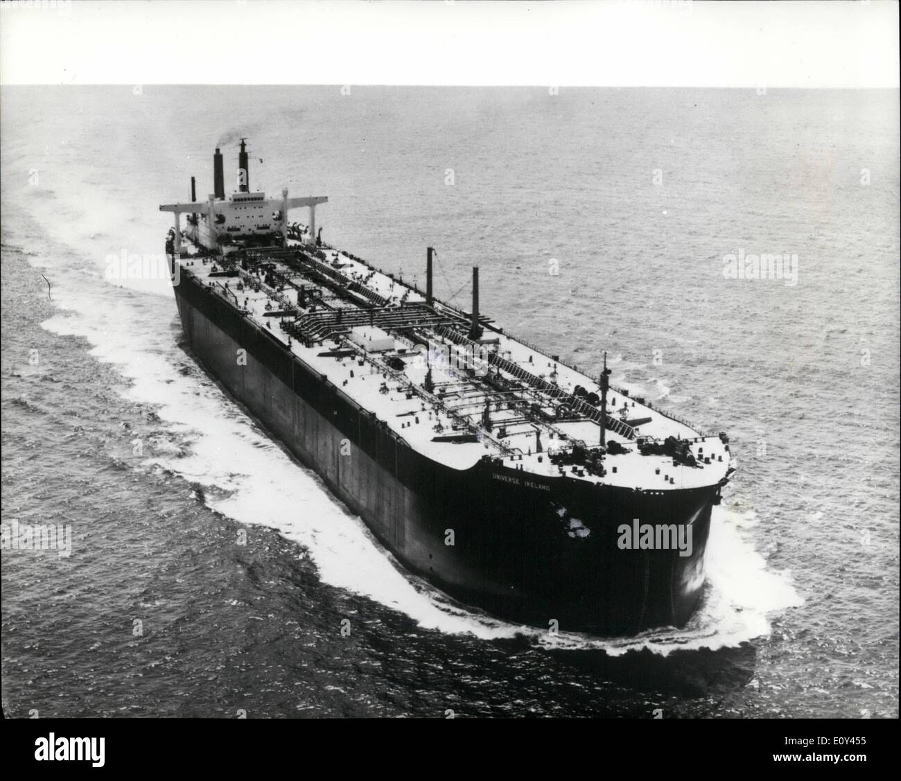Jul. 07, 1968 - TRIAL RUN FOR WORLD'S BIGGEST SHIP: The 312,000-DWT tanker Universe Ireland, is shown undergoing sea trials in Sagami Bay about 60 kms south of Tokyo, before beig christened by Mrs. John H. Lynch, wife of the Prime Minister of Ireland at Yokohama on August 15th. 1968. The huge tanker which can carry 400,000 cubic meters of oil, is 346 meters long, and was built by the Ishikawajima-Harima and Mitsubishi Heavy Industries for the National Bulk Carriers on behalf of the Gulf Oil Corp; who have ordered six tankers of the same size, and will run from Kuwait to Bantry Bay, Ireland. Stock Photo