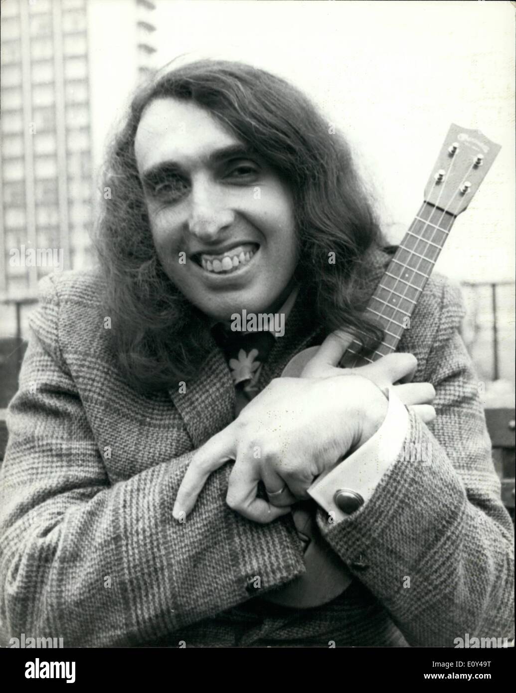 Oct. 10, 1968 - Tiny Tim Of The Pop World Arrived in Britain: Tiny Tim, whose recording on Reprise issued here by Pye Records-include the best selling L.P. ''God bless Tiny Tim' and numerous singles, including the celebrated ''Tip Toe Thru' the Tulips'' arrived in London today. His engagement included radio and T.V . shows, and a concert at the Royal Albert Hall next Wednesday.Photo shows Tiny Tim seen at the Playboy club in Park Lane this morning. Stock Photo