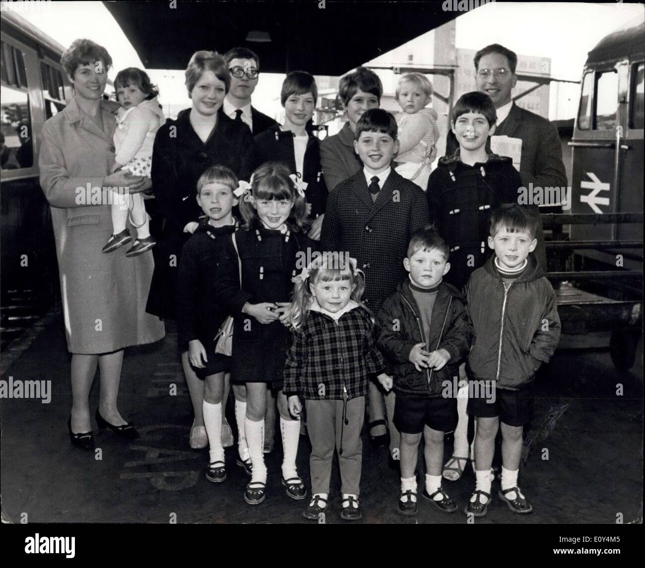 Oct. 21, 1968 - The Harding Family Are Off To Australia And Set Up An Emigration Record: The largest family to emigrate from Britain left yesterday for Australia Mr. and Mrs. Peter Harding and their 13 Children will live in a five-bedroom bungalow outside Adelaide which has been offered to them by an Australian Businessman and woman, both f whom want to remain anonymous. Mr. Harding 40-year-old lorry driver, and his wife Sylvia, 36, of Raleigh Crescent, Stevenage, Herts, planned to go to Australia three years ago but emigrant hostels there cater only for families with up to six children Stock Photo