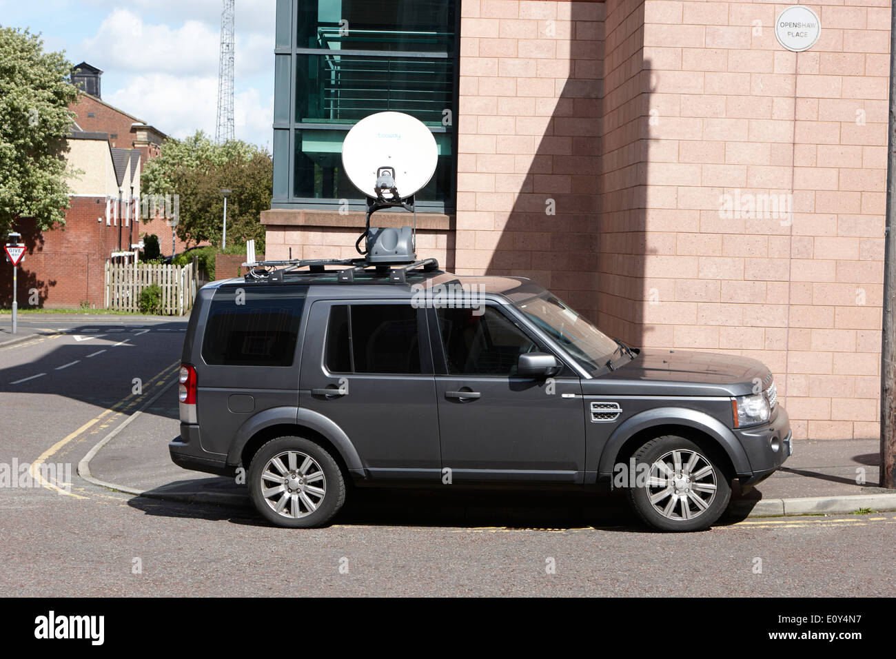 satellite news uplink on landrover vehicle in city centre Preston England UK Stock Photo