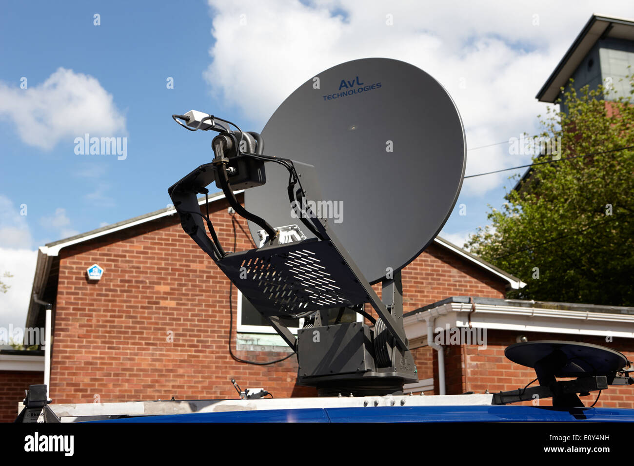satellite news uplink on vehicle in city centre Preston England UK Stock Photo