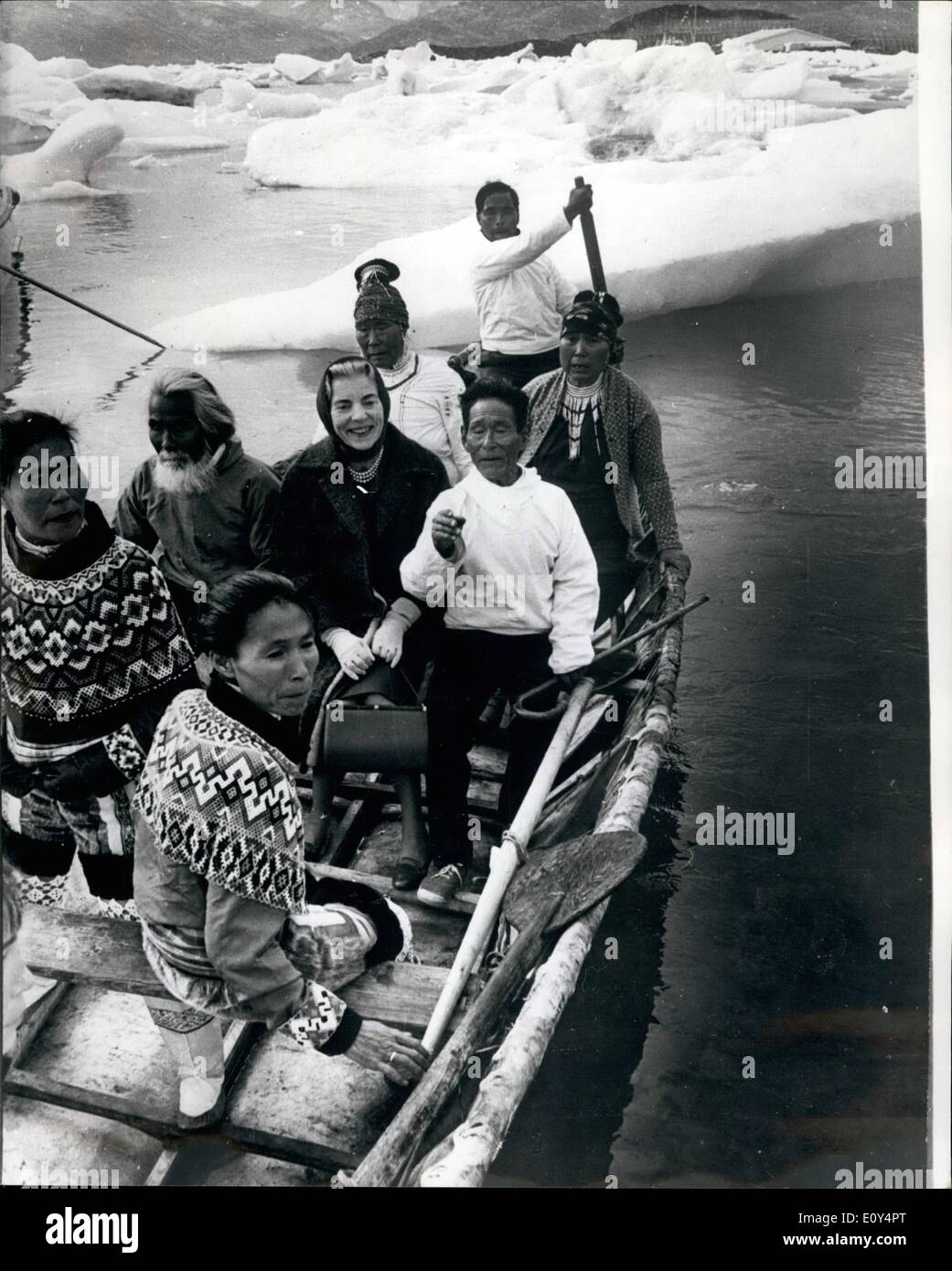 Aug. 08, 1968 - Queen Ingrid Sails in a ''Umiak'': During the Royal Danish visit to Greenland, Queen Ingrid (in center) was invited to sail in an old Grenlander ''Umiak'' ( A boat specially made for women in olden times) Stock Photo