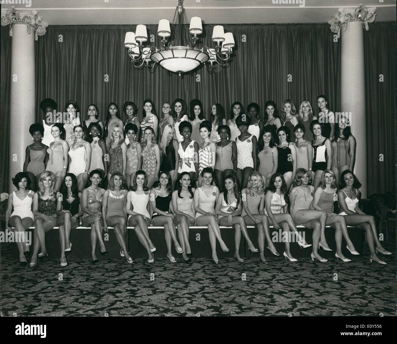 Nov. 11, 1968 - Miss World Contestants in Swimsuits: Many of the Miss World contestants were this afternoon photographed wearing their swimsuits, at the Waldorf Hotel, London. The contest takes place next Thursday (Nov 14), at the Lyceum in London. Photo shows (L to R - Front Row): Miss Argentine; Miss Australia; Miss Austria; Miss Austria; Miss Bahamas; Miss Belgium; Miss Canada (Dominion of); Miss Chile; Miss Colombia; Miss Costa Rica; miss Cyprus; Miss Denmark; Miss Ecuador; Miss Finland, Miss France and Miss Germany; (L to R - Middle Row): Miss Ghana; Miss Gibraltar; Miss Greece; Miss Stock Photo