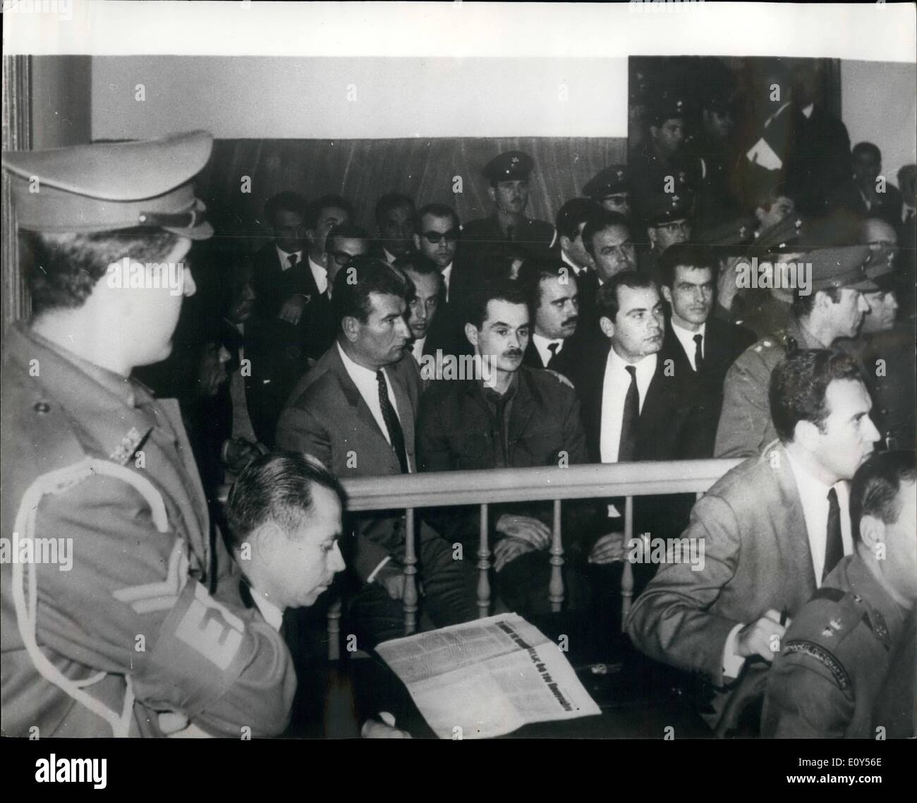 Nov. 11, 1968 - 15 ON BOMB PLT CHARGES IN ATHENS, Alexandros Panagoulis, accused of being the leader of a plot to assassinate Mx. Papadopouloe, the Greek Prime Minister, told a court martial, whioh opened in Athens on Nov 4, that he had been tortured eon the lines of the Spanish Inquisition'' during 82 days detention. on trial with Panagoulie, were 14 youth. said to have helped him in the abortive bomb attempt on Aug. 13 Stock Photo