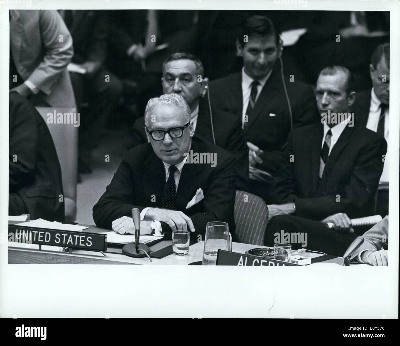Aug. 08, 1968 - Security Council Begins Debate on Situation in Czechoslovakia. United Nations, New York, 21 August 1968. The Security Council tonight began debate, at the request of six council members, concerning ''the present serious situation in the Czechoslovakia Socialist Republic''. The decision to take up this item -- as requested today by Canada, Denmark, France, Paraguay, the United Kingdom and the United States -- was taken by a vote of 13 in favour to 2 against (Hungary, Soviet Union) Stock Photo