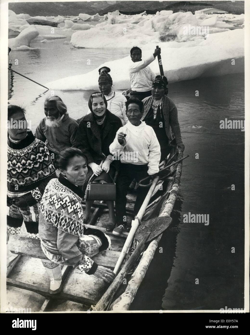 Aug. 08, 1968 - Queen Ingrid sails in a ''Umiak''. During the Royal Danish visit to Greenland Queen Ingrid was invited to sail in an old Greenlander Umiak (a boat specially made for women in olden times) Stock Photo