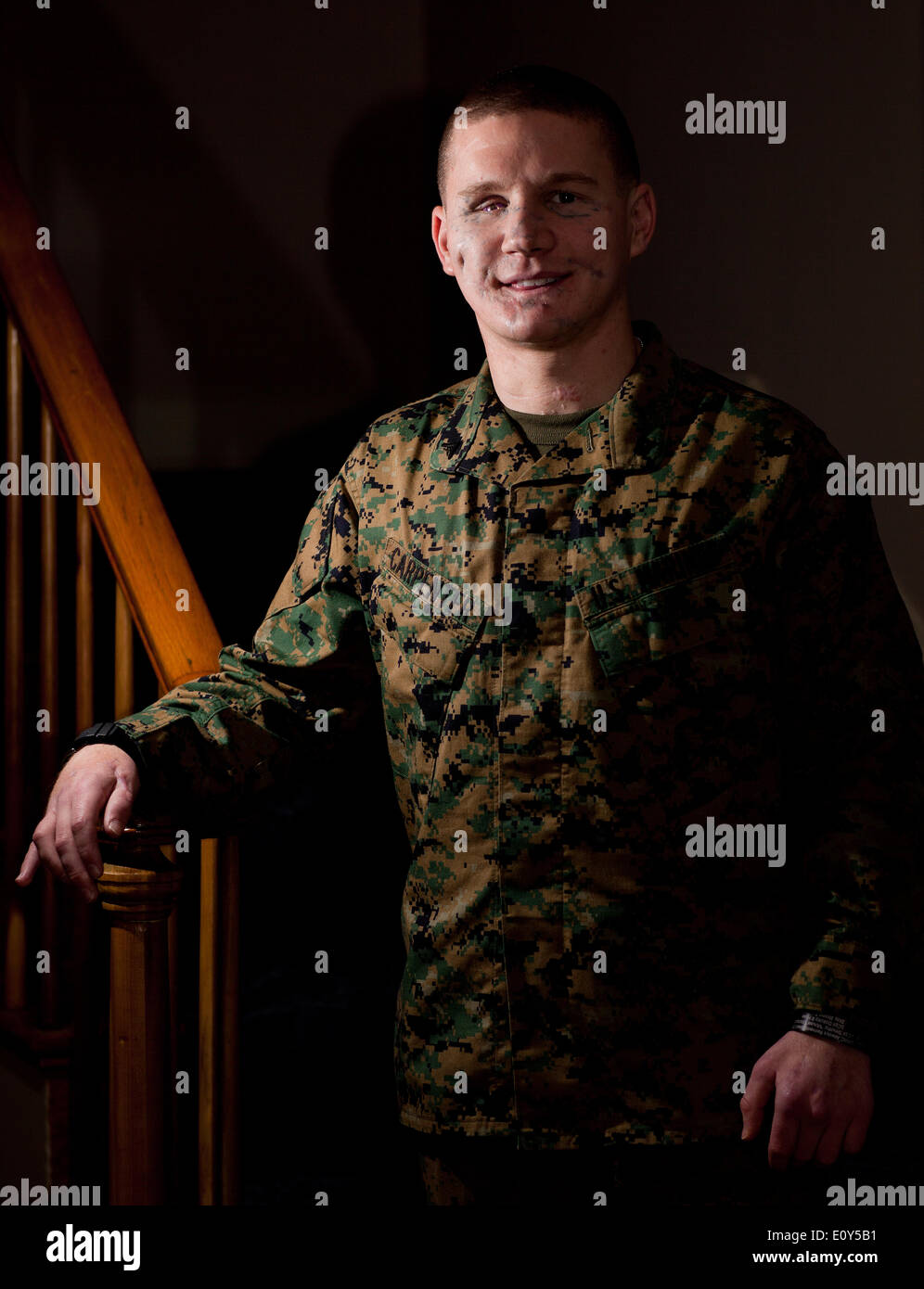 US Marine LCpl Kyle Carpenter portrait during the first corporals course for wounded warriors at the Walter Reed National Military Medical Center January 12, 2012 in Bethesda, Maryland. Carpenter sustained wounds from an enemy grenade in Marjah, Afghanistan will be awarded Medal of Honor for conspicuous gallantry by President Barack Obama in a White House ceremony on June 19, 2014. Stock Photo