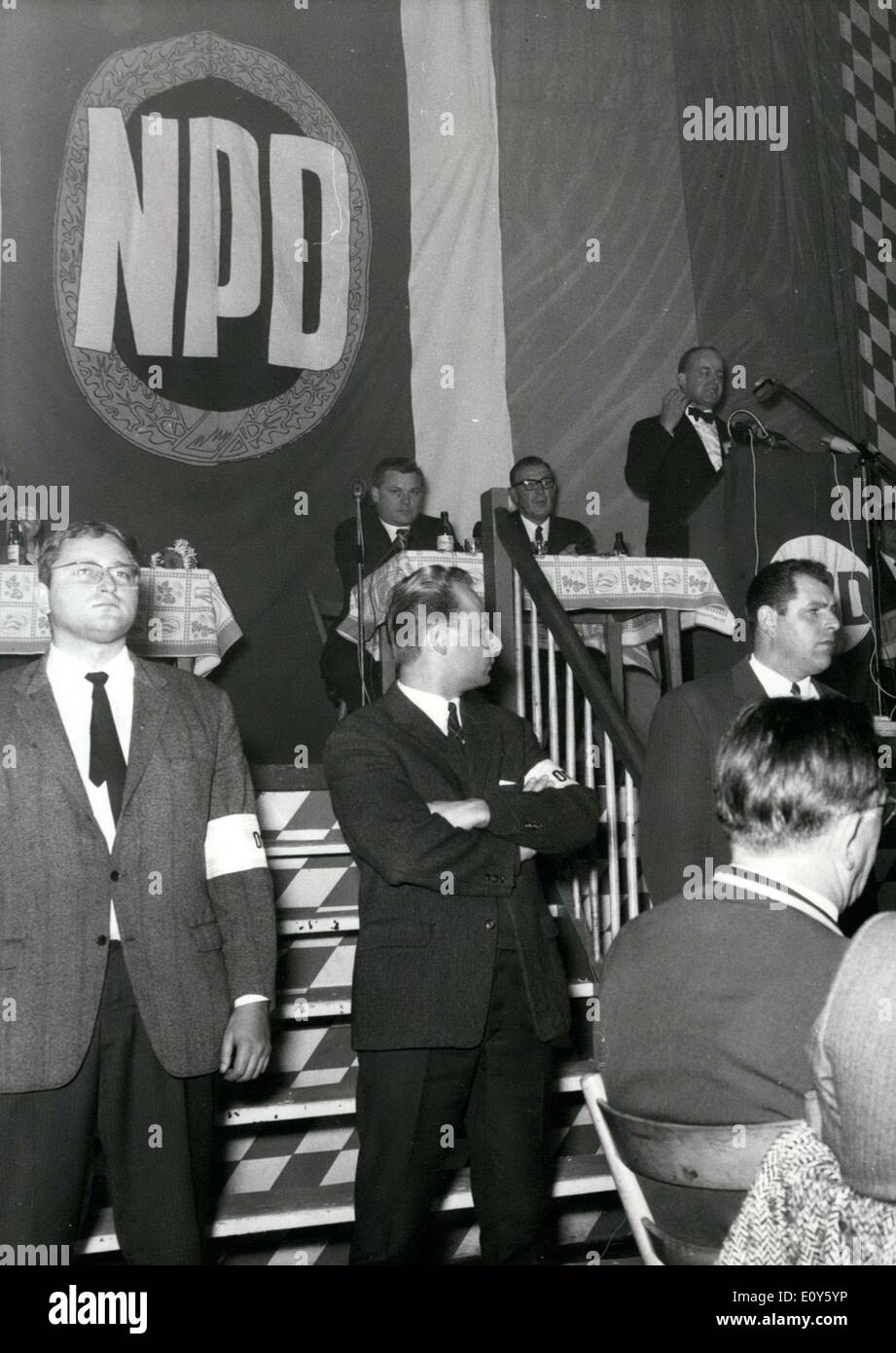 Nov. 22, 1968 - NPD - Huge rally in Munich. Around 800 people took part in a huge rally organized by the National Democratic Party of Germany(NPD) on the evening of Novelber 21; however, it eventually led to rioting. The speaker of the evening was Dr. Pohlmann, parliamentary party leader of the Bavarian NPD - state faction. The rally was organized under the motto: Two Years Work of the NPD in Bavaria. The ushers, denoted by white armbands, quickly worked against the so-called ''disturbers.'' Several people were taken to the hospital Stock Photo