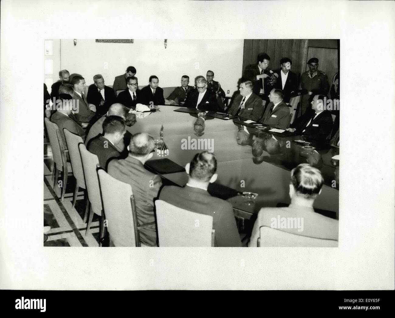 Mar. 03, 1969 - A meeting at the prime ministry between the prime minister Mr. Abdul Mon 'em and the visiting members of the American National Military Academy Delegation To the left hand side of the premier head of the delegation Mr. Allen Lighter and on the it hand side of the premier Mr. Harison Rymes the American ambeasador in Amman.. Also seen members of the American delegation now on a 4-day visit to Jordan. Stock Photo