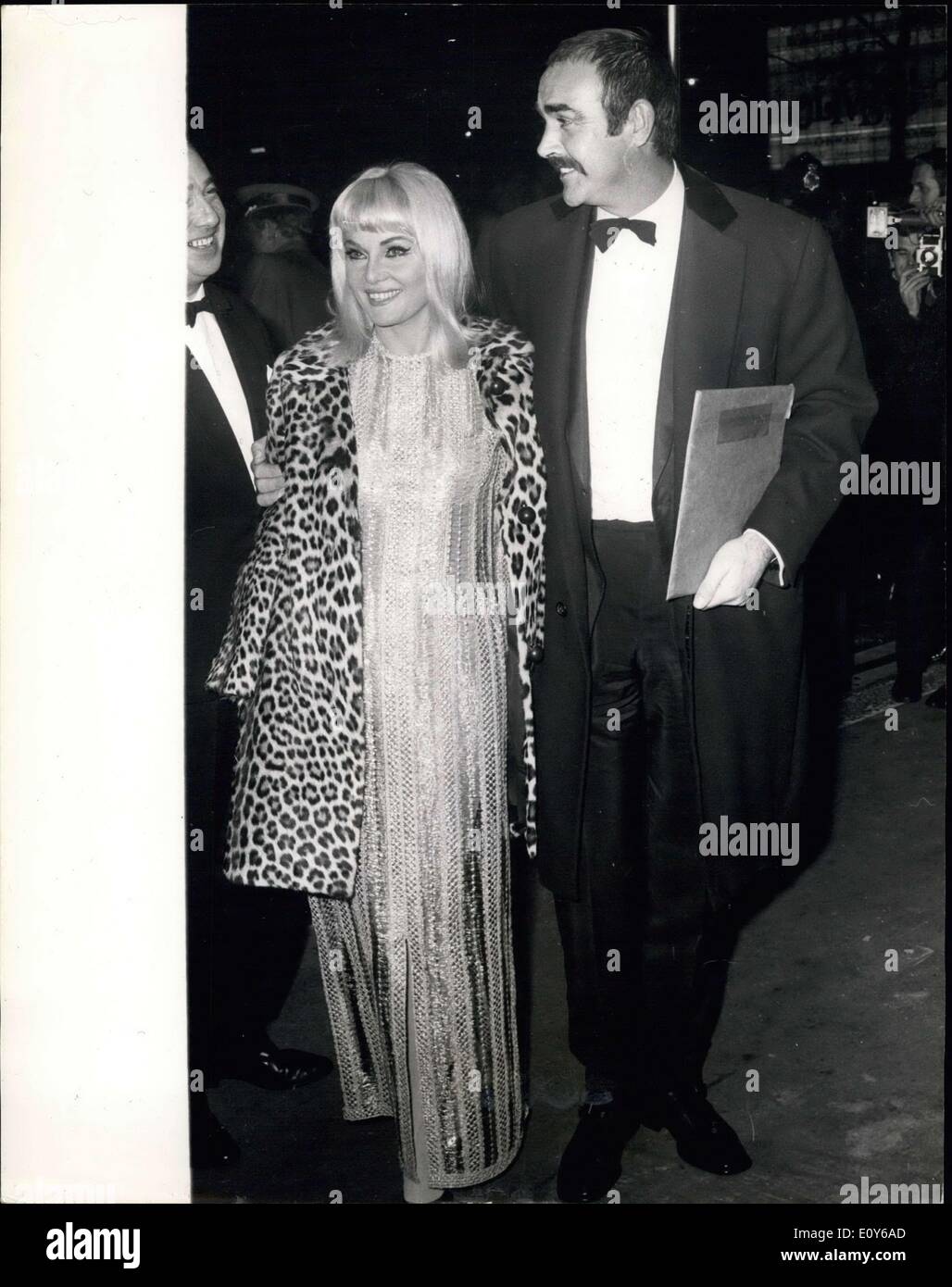 Dec. 12, 1968 - Premiere of ''Shalalo''.: H.R.H. Princess Margaret last night attended the Royal charity permiere of the film Shalako, at the Leicester Square Theatre, London. The premiere, sponsored by the Variety Club of Great Britain, as in ais of the Dockland Settlements, the Jewish National Fund Charitable Trust, and Variety's Heart Fun for under-privileged children. The stars of the film are Sean Connery and Brigitte Bardot. Photo shows one of the stars of the film, Sean Connery, and his actress wife. Diane Cileno, arriving for last night's premiere. Stock Photo