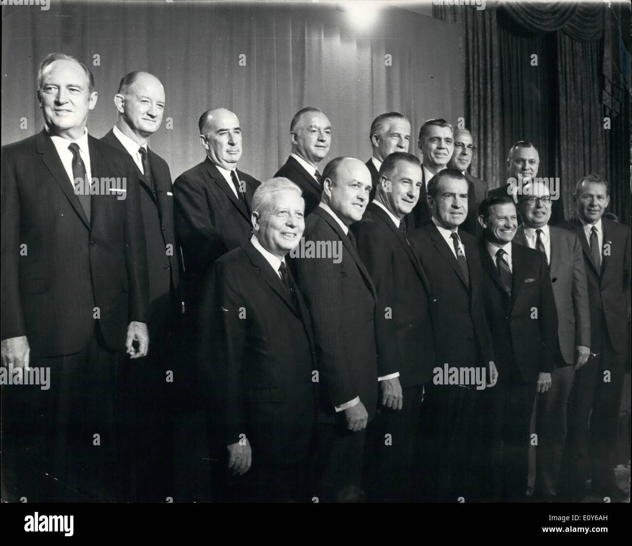 Dec. 12, 1968 - President-Elect Richard Nixon and his cabinet officer designees: Photo shows L-R Front row David M Kennedy, Treasury, Rep Melvin R. Laird, Defense. Vice-President Agnew, Nixon, John A Volpe, Transport, Robert Mayo, Budget, Robert H. Finch, Health and Education. Back row. L-R:William P. Rogers, state, Winton M. Blount, Postmaster General. John N. Mitchell, Attorney General. Maurice Stans, Commerce. Michigan Gov George Romney, Housing. Cliford M. Harding. Agriculture. George P. Shultz, Labour. and Walter J. Hickel, Interior. Stock Photo