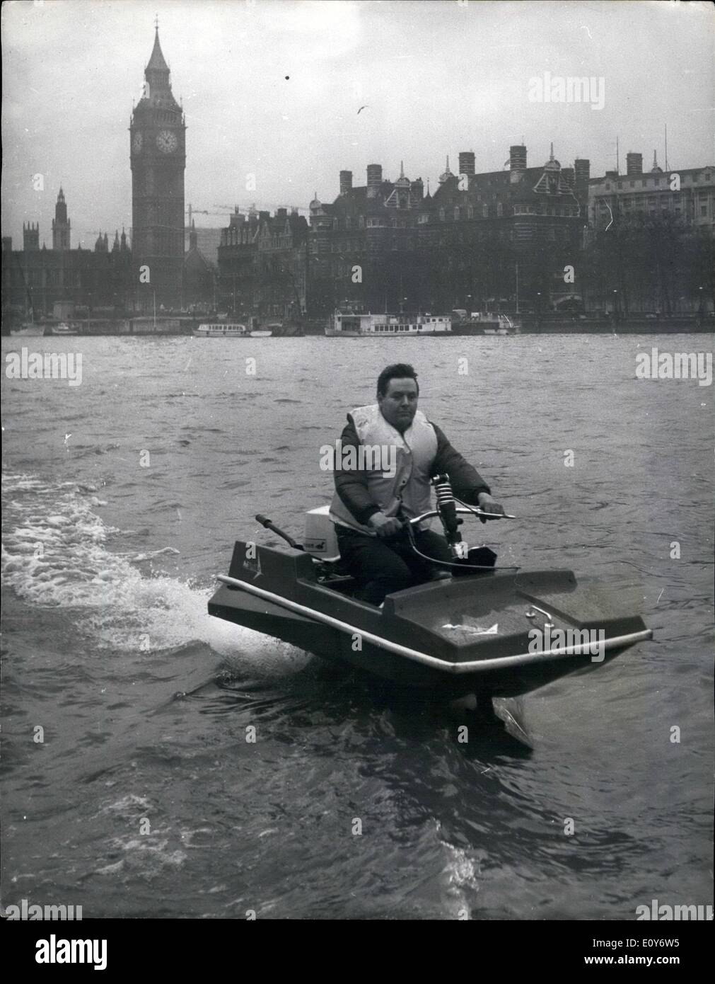 Dec. 12, 1968 - Britain Launches The Hi-Foil. World First In Water Sport. Britain was introduced to a new water sport in the heart of London, when a zippy two-seater hydrofoil made its world debut on the Thames. The new craft, called the Hi-Foil, is an entirely British invention, which has broken through the barriers of marine engineering to provide the smallest and cheapest foil riding craft in the world. Hi-Foiling is a completely new experience in aquatic sport. The craft is less than nine feet long, is powered by an outboard engine and has handle bar steering Stock Photo