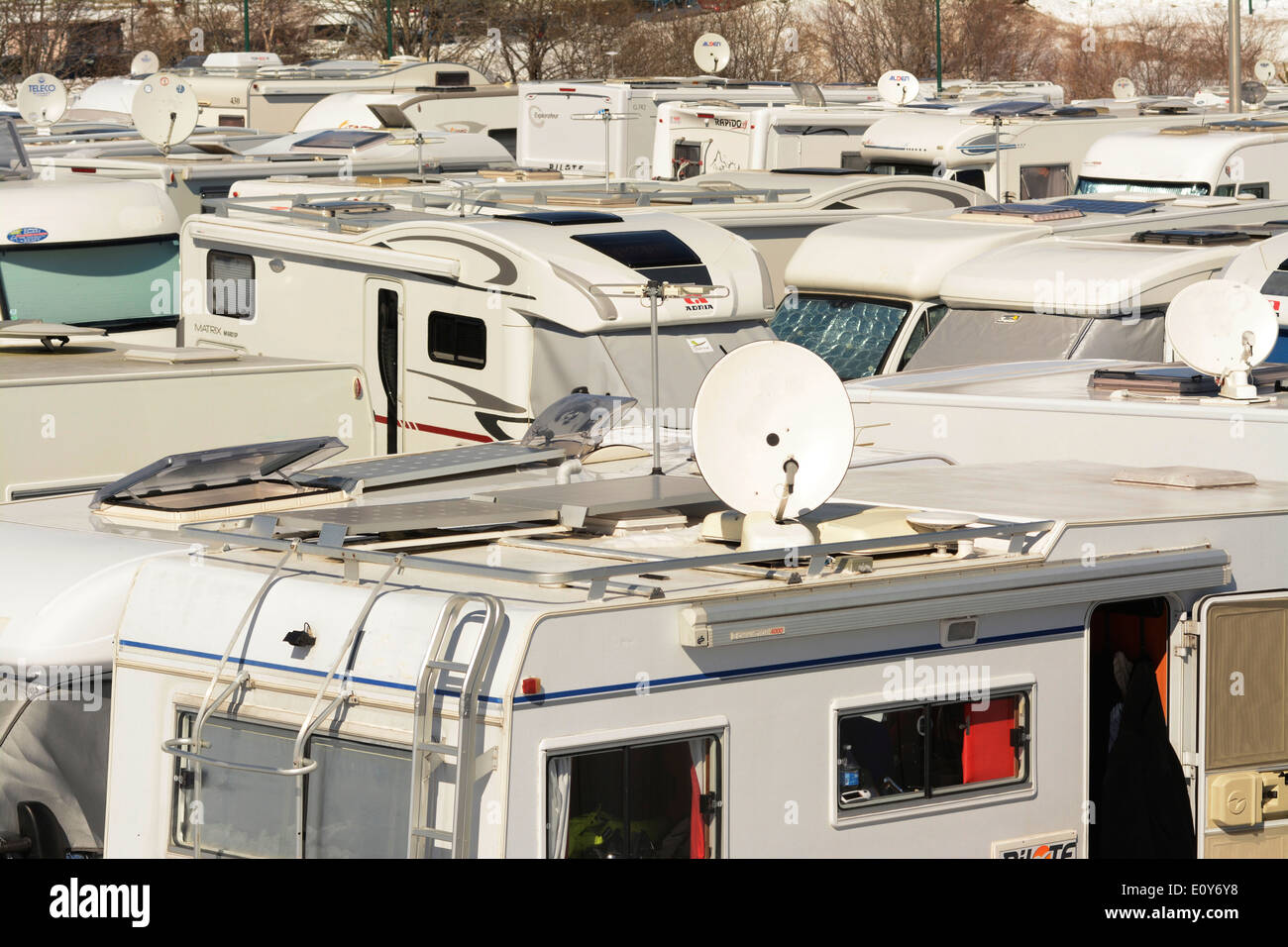 Mobile homes / campervans on a campsite, France Stock Photo