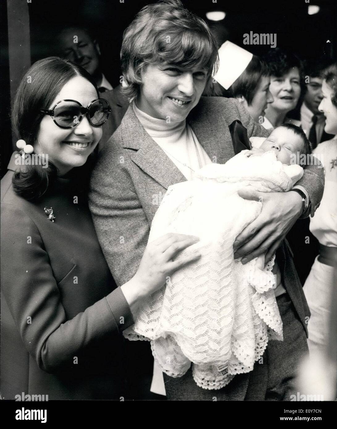 Apr. 04, 1969 - TOMMY STEELE'S WIFE AND BABY LEAVE HOSPITAL. Tommy Steele drove his wife Ann and their baby daughter Emma Elizabeth home from the Middlesex Hospital today. Emma was born at the hospital on March 27th. Keystone Photo Shows:- Tommy Steele, pictured with his wife, Ann, and baby daughter, Emma Elizabeth, leaving the hospital today. Stock Photo