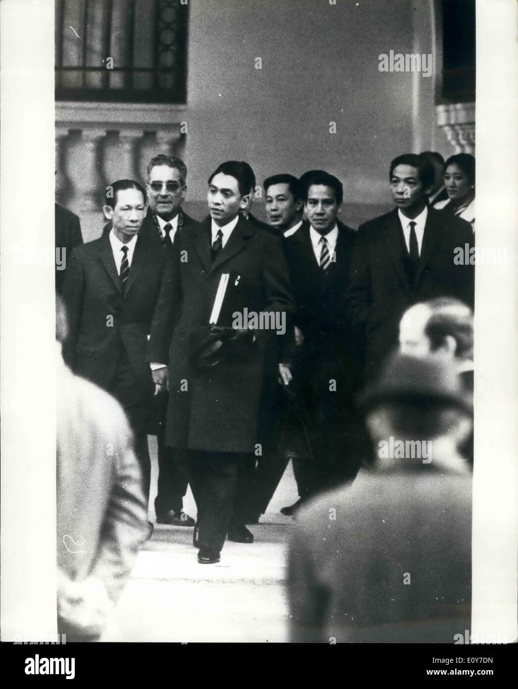 Jan. 01, 1969 - Vietnam peace talks to start next week: Agreement was reached on all procedural matters. at the Paris peace talks yesterday. and the real negotiations ill start probably on Tuesday. photo shows The South Vietnamese delegation lead by M. Nguyen Xvam Phang holding hat arrives for the start of the talks in Paris, yesterday. Stock Photo
