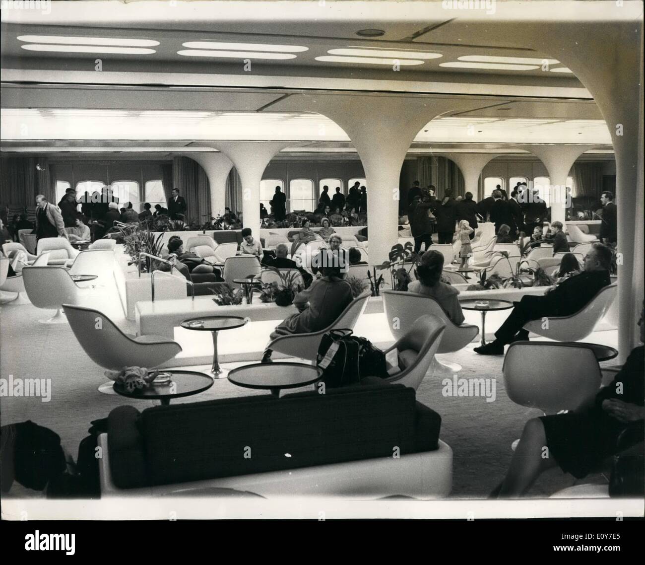 Jan. 01, 1969 - Queen Elizabeth 2 Arrives At Southampton: The 65,000-ton liner Queen Elizabeth 2, which cost 9 1/2 hours late after her trouble hit trial cruise, and with the mystery fault with her two turbines still unsolved.Photo Shows Many parts of the ship, including the pink and white Queen's Room are complete. Stock Photo