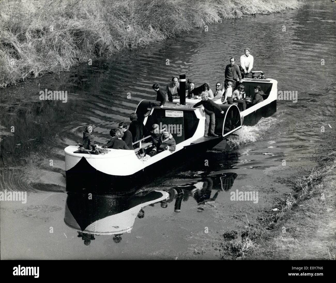 Apr. 04, 1969 - Paddle boat brings hope for canal.; Gen. Sir Hugh Stockwell,commander of the Allied land forces in the 1956 Suez operation, successfully launched a new campaign when she steered the six-ton paddle boat Charlotte Dundas on her maiden passenger voyage along the Kennet and Avon canal at Devizes, Wilts, yesterday. ''This voyage means that the canal can be made to work,'' said Sir Hugh, who is chairman of the Canal Trust. The Trust see yesterday's 30-minute trip, made at a comfortable two miles an hour, as a major step towards opening up the canal for public pleasure craft Stock Photo