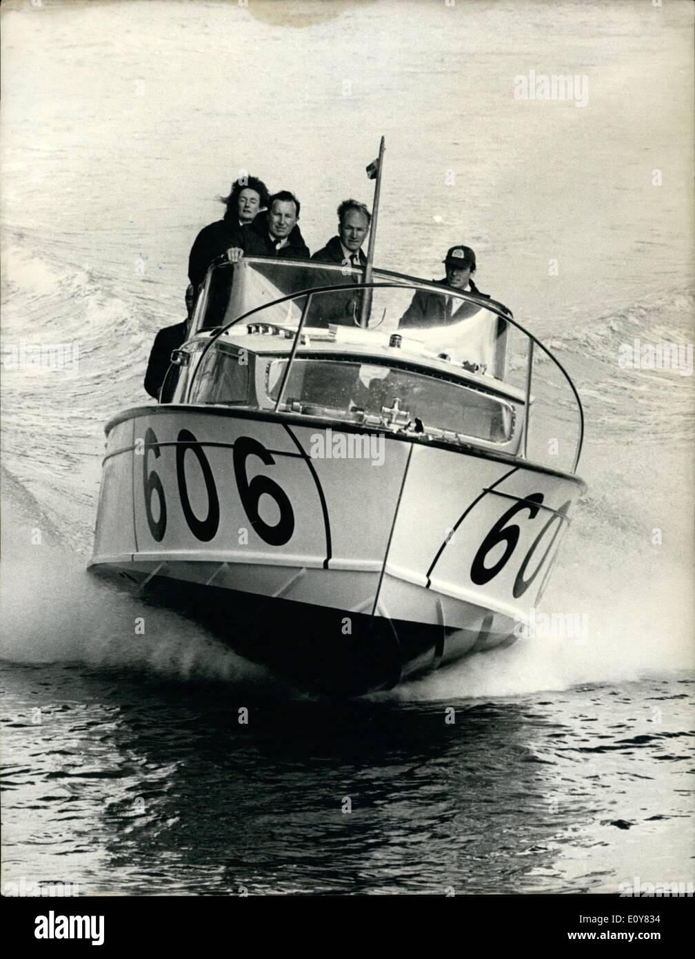 Apr. 04, 1969 - Ford's Aim For Powerboat Honours Ford has formed an offshore powerboat team. It will compose four Fairey Huntsman twin turbo-charged diesel power-boats, and their main target will be the Daily Telegraph BP Round Britain power boat race starting on July 26the from Portsmouth. One will be skippered by Lady Aitken, wife of Sir Max Aitken, chairman of the Beaverbrook Newspapers, and another one will be skippered by Peter Twiss, a former test pilot Stock Photo