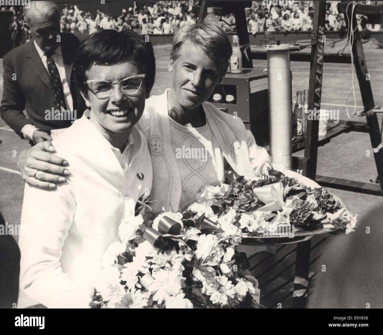 Apr 04, 1969 - London, England, United Kingdom - BILLIE JEAN KING (L) and ANN JONES at the presentation of the Championship Wimbledon game where Jones defeated King. Stock Photo