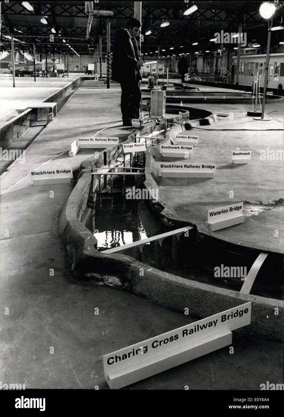 Jan. 31, 1969 - London flood protests on model: Part of a 385ft long model of the Thames, representing a 62 mile stretch from Teddiington to Southend which has been completed by the Ministry of Technology Hydraulics Research Station by the Ministry of Technology's Hydraulics Research Station at Didcot for the Greater London Council. It will be used for tests in a &40 million barrage or barrier plan to protect London from severe flooding. At a Press conference in Didcot yesterday, Mr. S. Dainty, the G.L Stock Photo