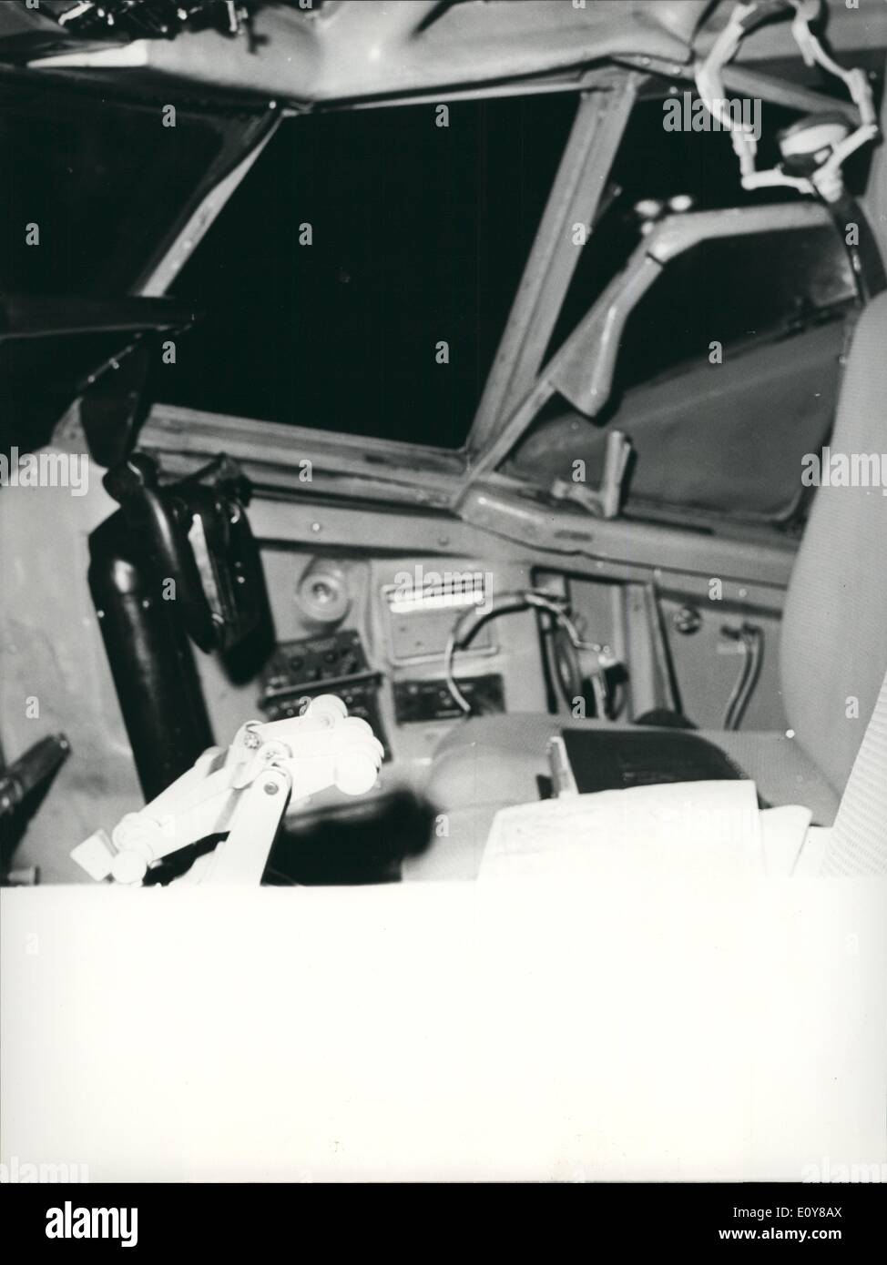 Feb. 02, 1969 - Arab terrorists attack Israeli ''E1 A1'' Boeing 707 at Zurich airport:Photo shows the cockpit of the ''E1 A1'' machine in which four members of the crew were injured by the bullets of the Arab machine guns. 40 bullets have been shot against the airplane, damaging heavily the machine. Stock Photo