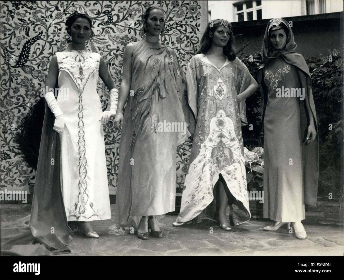 May 05, 1969 - Harem's fashion comes to Paris : Mrs. Zuhal yorgancioglu, famous Turkish fashion maker, Presented in Paris Many models inspired by clothes that used to wear women of Harem in Ottoman Palace. Photo shows Four Models of this Harm's fashion. Stock Photo