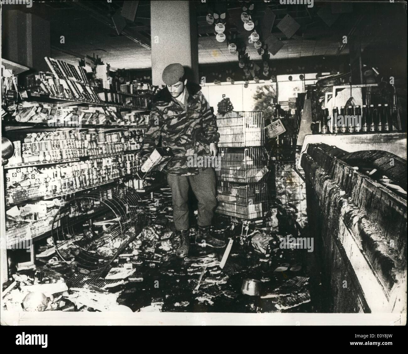Feb. 02, 1969 - Bomb explosion in Jerusalem supermarket. A bomb planted by  Arab terrorists exploded in a supermarket crowded with pre-Sabbath shoppers  in Jerusalem on Friday, killing two young men and
