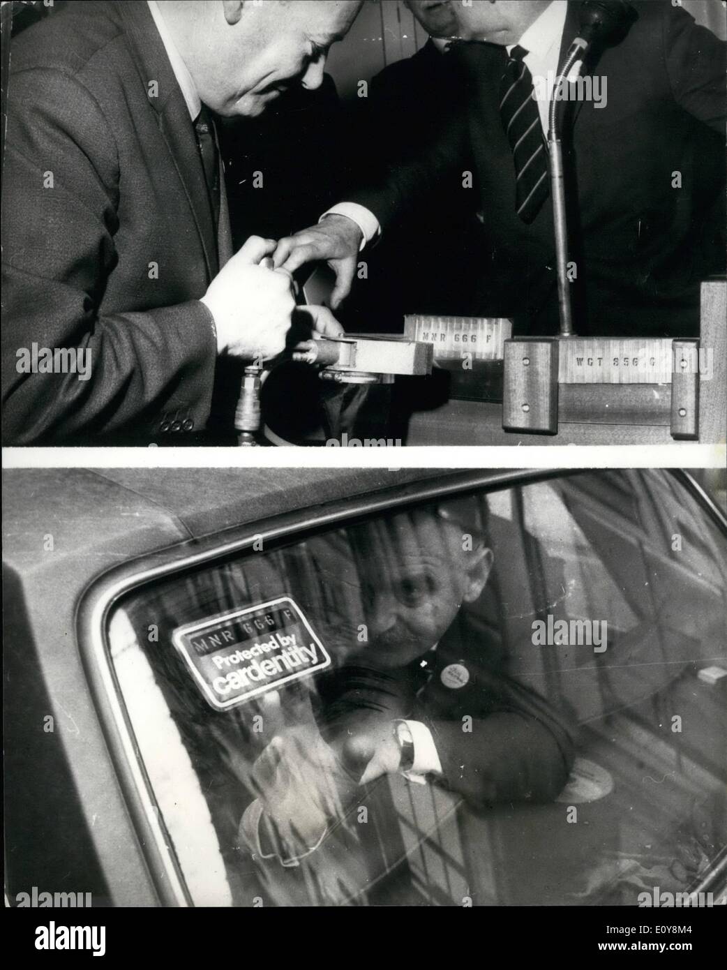 Feb. 02, 1969 - New method of preventing car theft. Cardentity an entirely new method of preventing the theft and resale of motor vehicles , was demonstrated today at the Savoy Hotel The Cardentity method protects vehicles by engraving the registration number on the four side and rear windows. The only way by which the registration number an then be removed is by replacing each window. Cardentity will be available at leading garages throughout the U.K. Engraving the windows takes only 10/15 minutes and requires no special skill. The cost is 3 Stock Photo