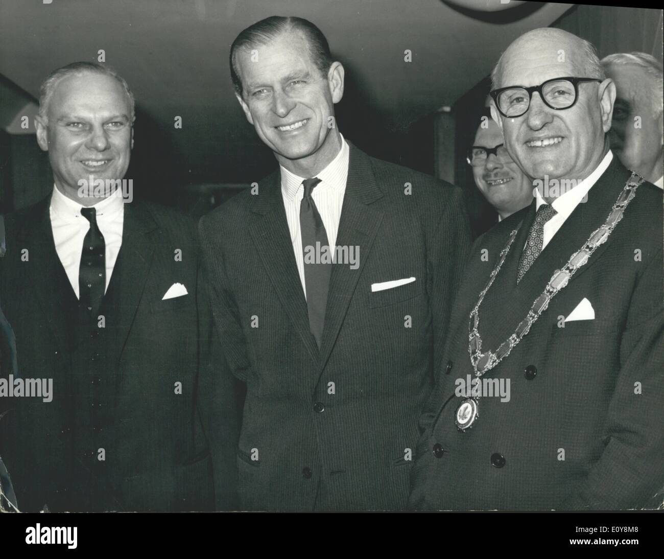 Feb. 02, 1969 - Prince Philip At U.S.C.C. Lunch: London: Prince Philip flanked by Stuart W. Don, president of the American Chamber of Commerce (left) and John Clover, President of the Canadian Chamber of Commerce given for the Prince by the two Chambers at the Grosvenor House Hotel Today. Stock Photo
